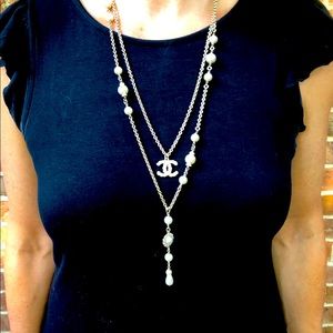 Chanel CC Crystal Faux Pearl Double Strand  Necklace